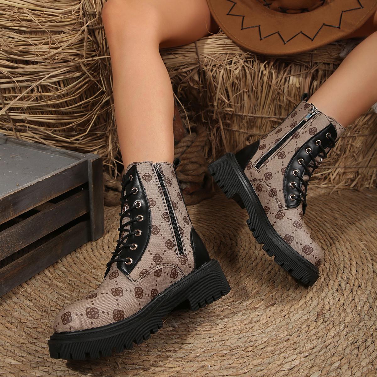 

Женские парусиновые ботильоны с принтом, на массивной подошве, модные ботинки-платформа в ковбойском стиле, зимние теплые ботинки на меху, нескользящие ботинки Мартин, женские ботильоны 42