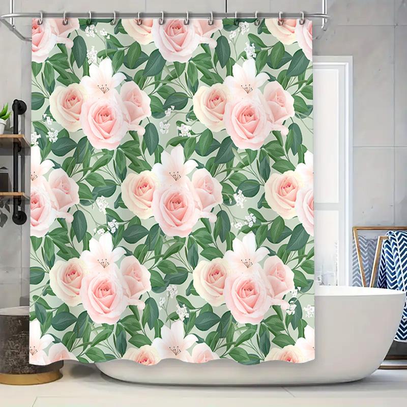 

Pink Flower Shower Curtain: Modern Decorative Print Bath Mat White Pink Rose Floral Shower Curtain For Bathroom Decoration Water W60H190(CM)-1 Pcs