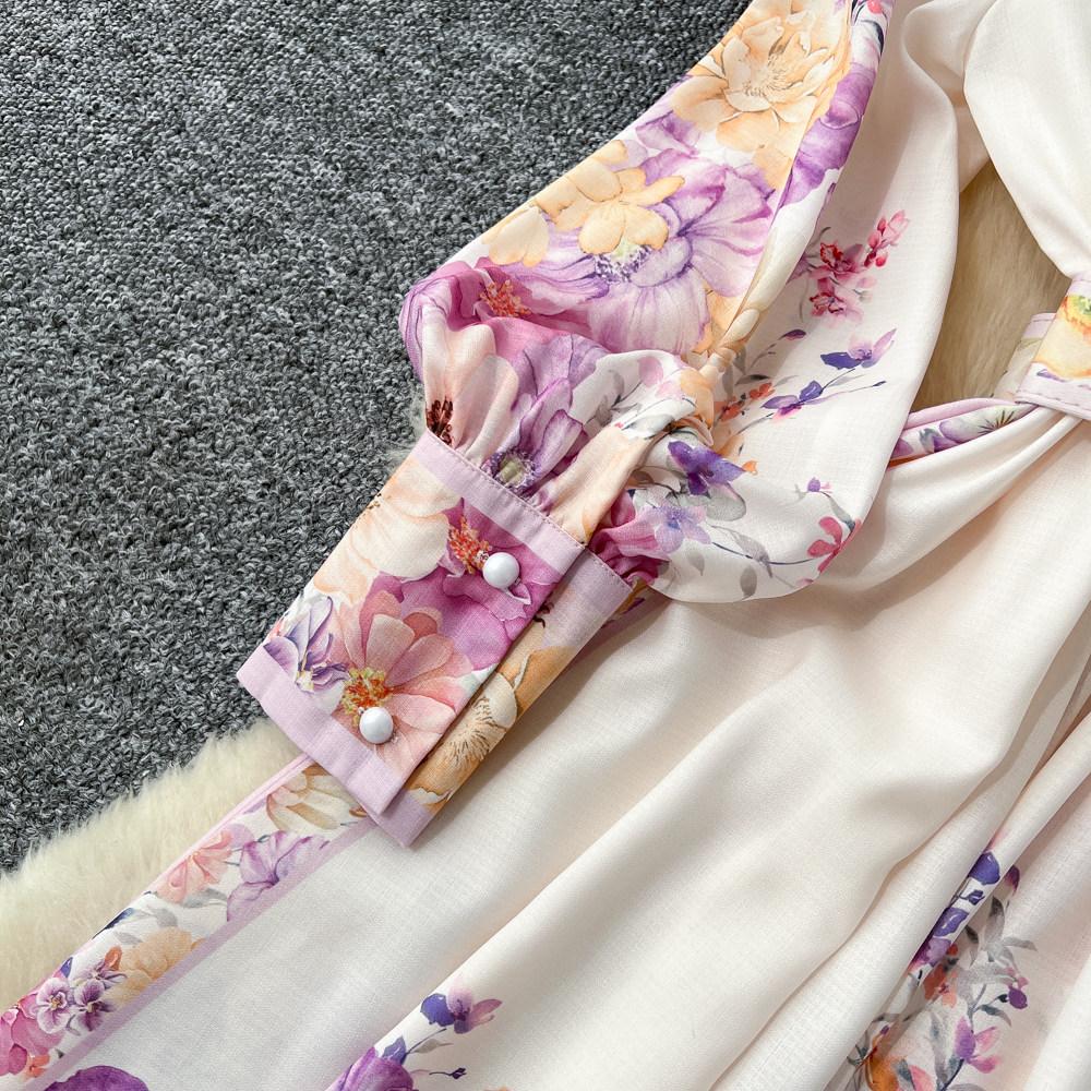 Abiti Lunghi da Festa Donna Primavera Autunno Vintage Stampa Floreale Rosa da Sfilata Manica Lunga Monopetto con Cintura