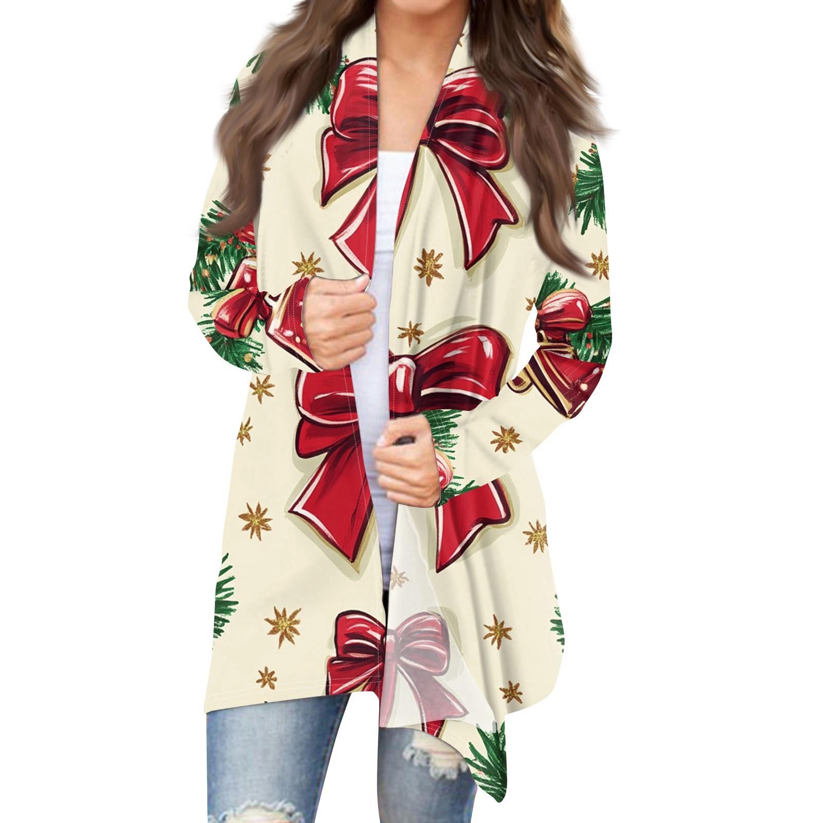 

Жіноча модна куртка з різдвяним принтом, повсякденний кардиган з довгим рукавом XL хакі