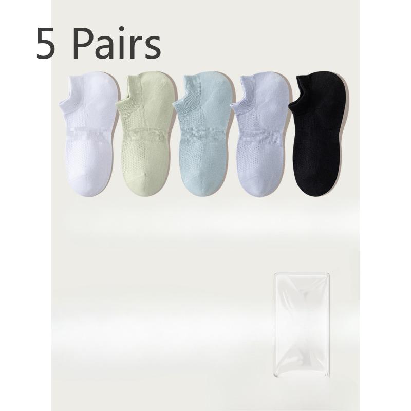 5 Pairs of Women's Summer Thin Style Versatile Solid Color Mesh Breathable 7A Antibacterial Deodorant Boat Socks