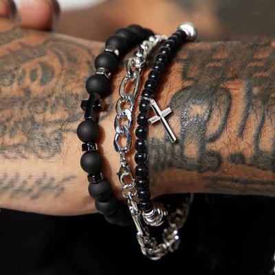 Fashion Cross Beads Chain Bracelet Set For Men Women Punk Simple Nature Stone Elastic Bracelet Hip Hop Unisex Daily Jewelry Gift