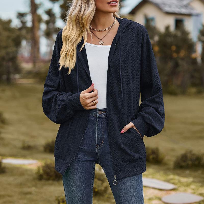 Women's V-neck Zipper Solid Color Long Loose Sweatshirt Jacket