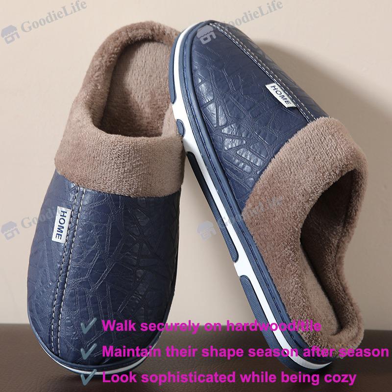 New Winter Couple Slippers  PU Leather Indoor Anti Slip Warm House Shoes