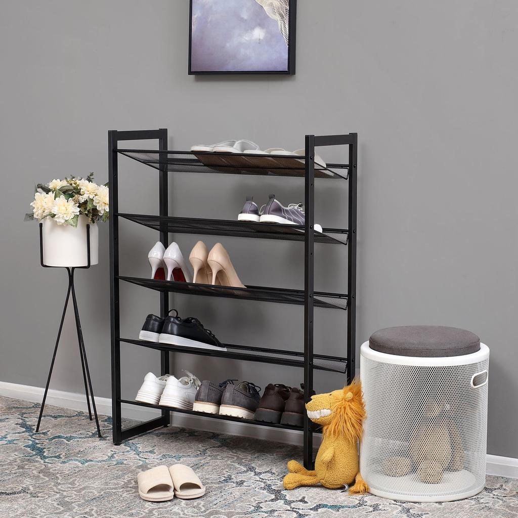SONGMICS 5 Tier Metal Mesh Shoe Rack with Flat Angled Shelves, Large Stackable and Adjustable Boots Storage Organiser in Hallway Closet LMR005B, Black