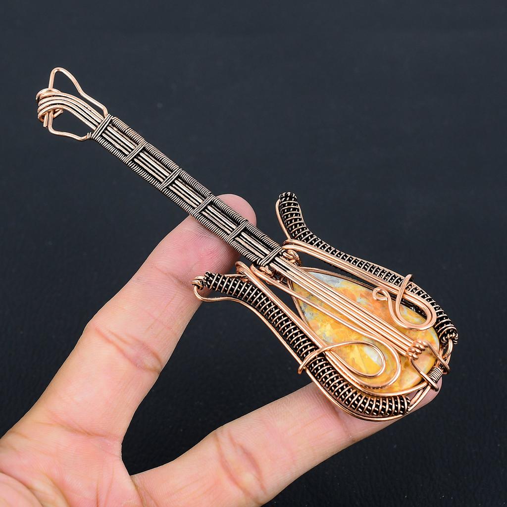 Mookaite Galben Natural Lucrat Manual Înfășurat cu Sârmă de Cupru Pandantiv Chitară 4.53 r8h65