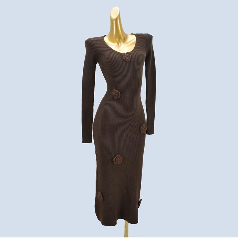French Round Neck Pure Color Knitting Dress Female Spring & Fall New Arrival Silm Flower Stylish Sweater Skirt