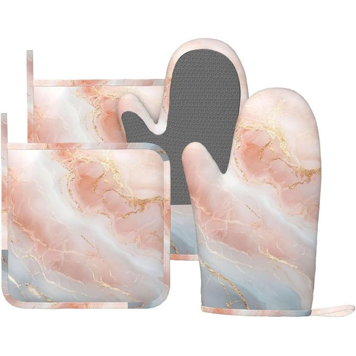 Oven Mitts Pot Holders Set Vintage Butterfly Moon Flower Silicone Kitchen Gloves Potholders Heat Resistant for Chef Baking Cooking Grilling BBQ 4