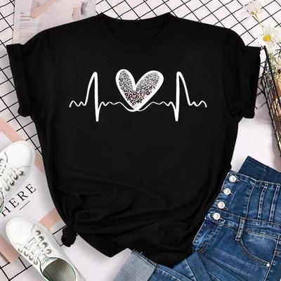 Nowy modny damski T-shirt z nadrukiem krzywej bicia serca leoparda, z krótkim rękawem, letnia odzież damska
