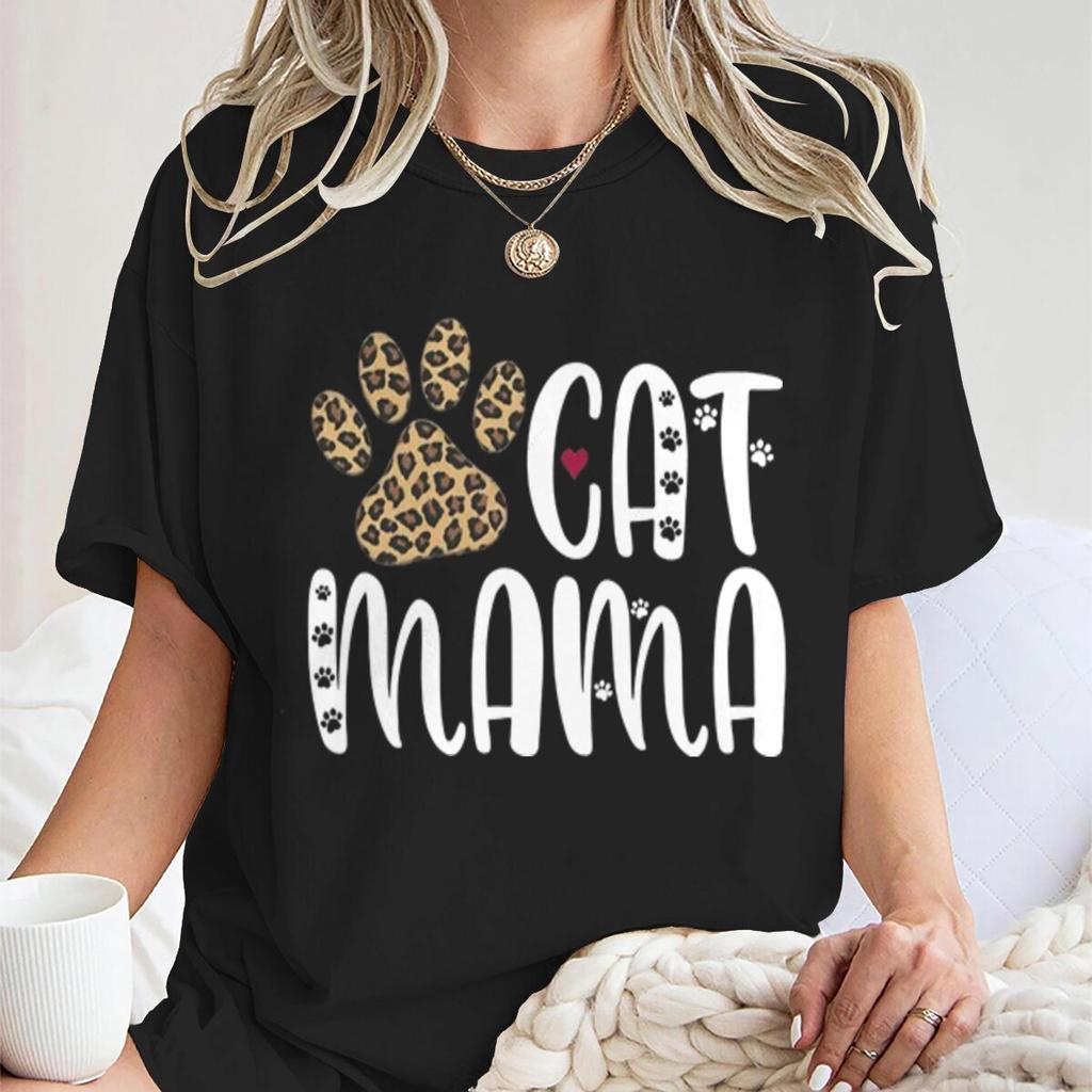 Cat Mama Vintage Cat Paw Printed T Shirts Women Casual Short Sleeve Tshirts Round Neck Tees For Animal Lover Gifts Female Tops