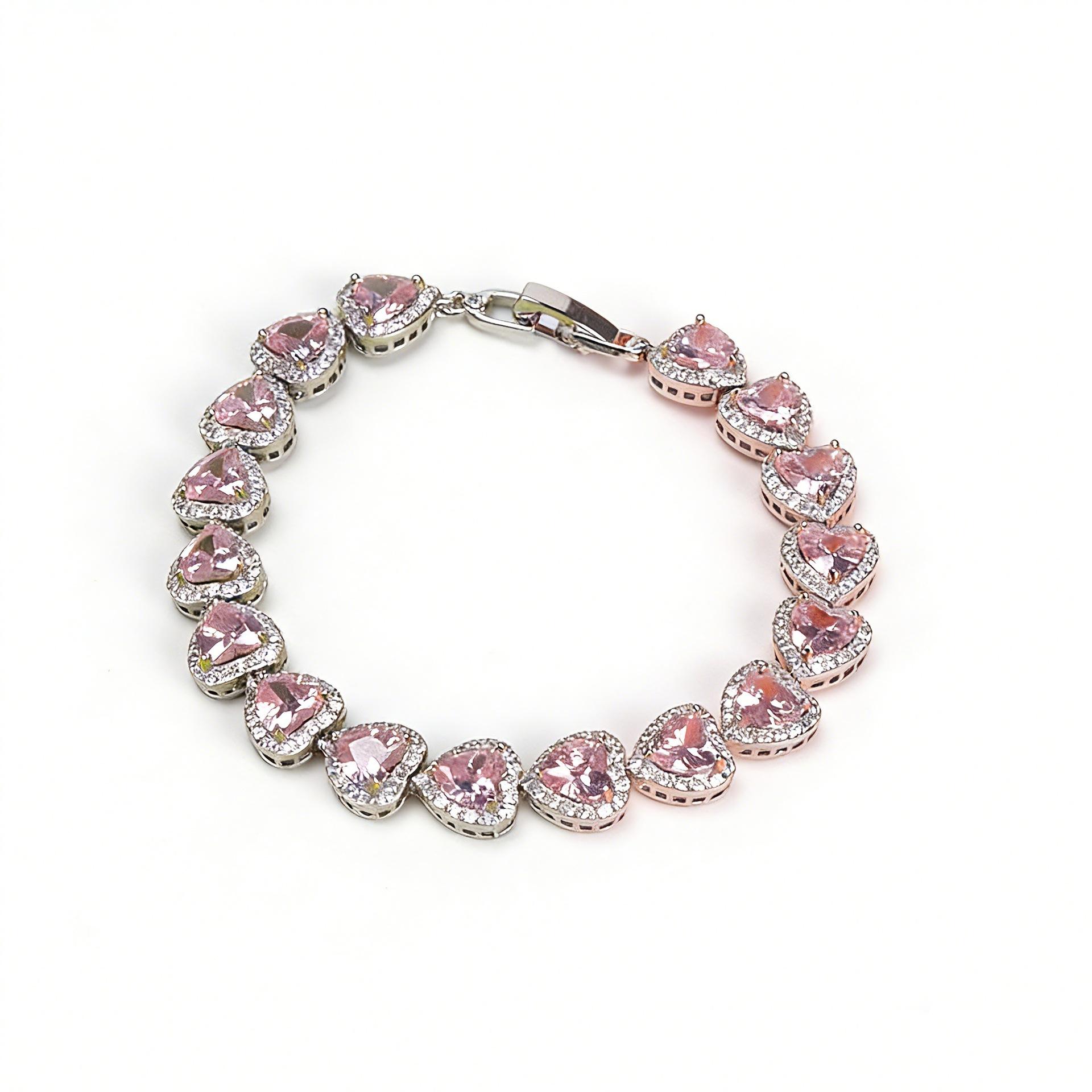 2026 Серебряный Розовый Алмазный Браслет-Сердце, Полностью Алмазный Хрустальный Браслет Любви, Легкая Роскошь, Девичьи Аксессуары 20CM