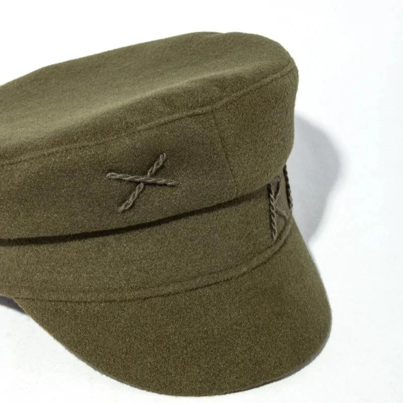 Autumn Winter  Big Size Designer Letter Militray Hats Women Fashion Woolen Flat Top Cap Outdoor Gorras Visor Sun Hat Navy Hats