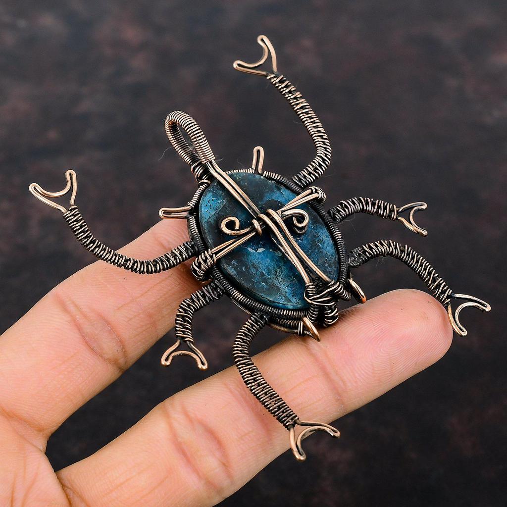 Neon Apatite Pendant Copper Wire Wrapped Pendant Neon Apatite Jewelry Handmade Pendant Copper Jewelry Gemstone Beetle Pendant Gift For Wife