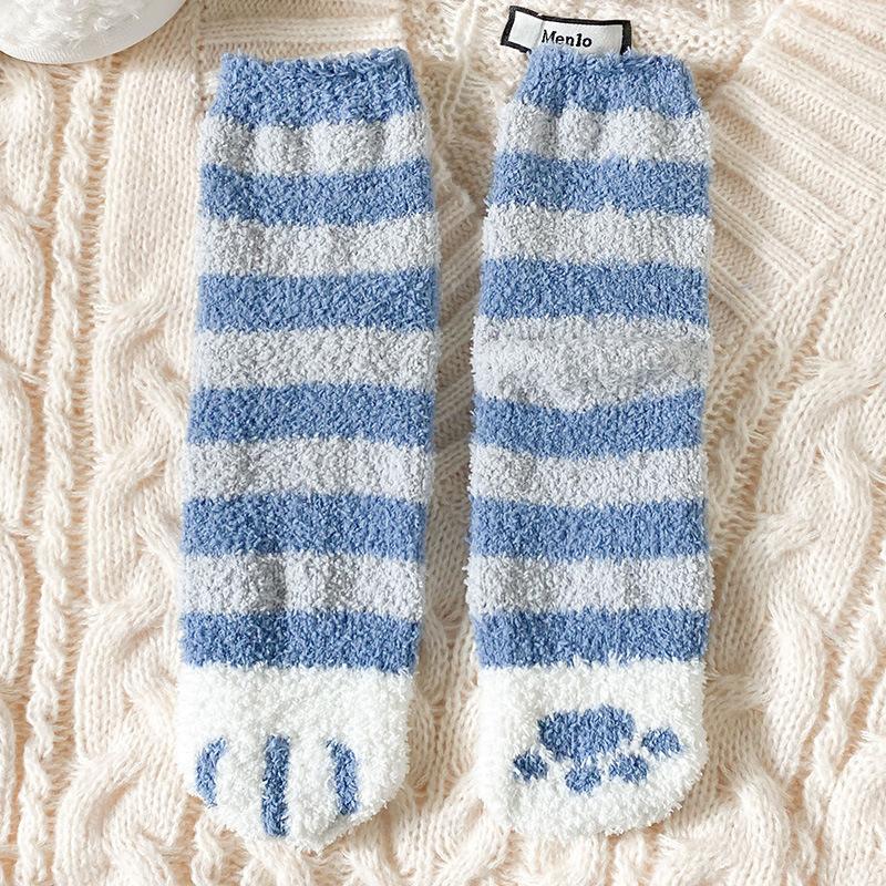 Cat Paw Striped Cute Socks Coral Fleece Winter Women Socks Thick Thermal Floor Sleeping Socks Candy Color Velvet Sock Warm