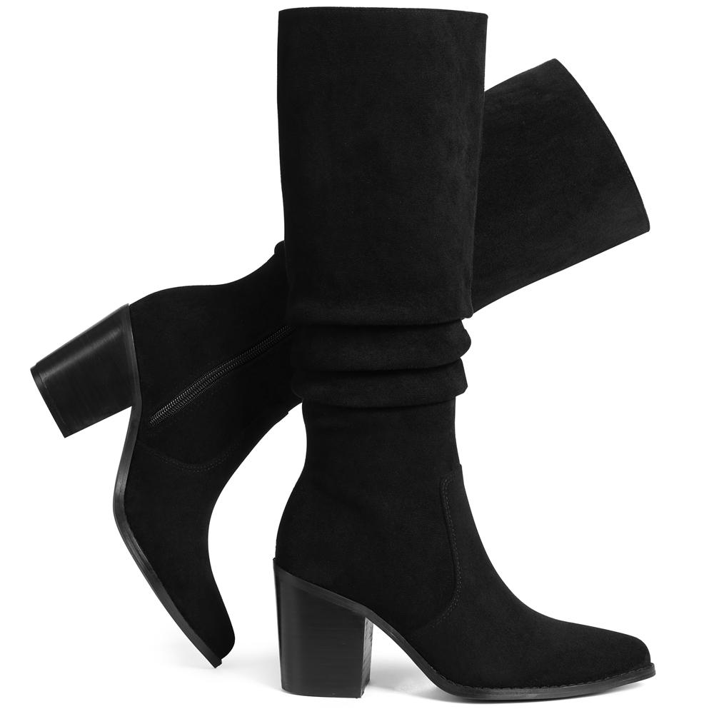 

Elegant Women Knee High Boots Faux Flock Pointed Toe Chunky High Heeled Pleated Side Zipper Comfort Daily Wear Long Booties For 43