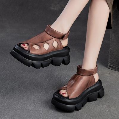 Retro Peep Toe Platform Sandals Genuine Leather Hollow Thick Soled Roman Women's Shoes