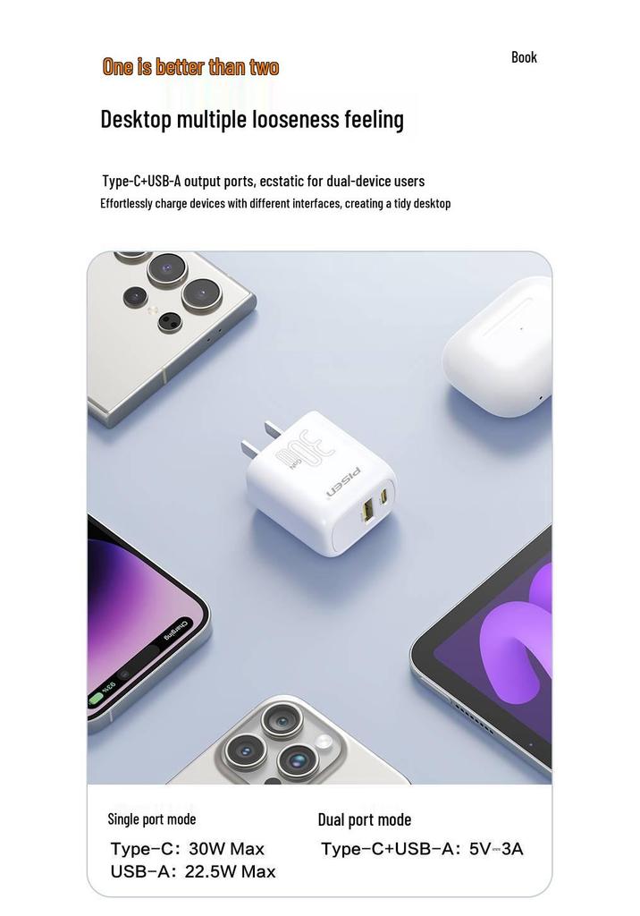 PISEN 30W GaN Fast Charger Kit for Apple & Android, Dual-Port Plug, New Model