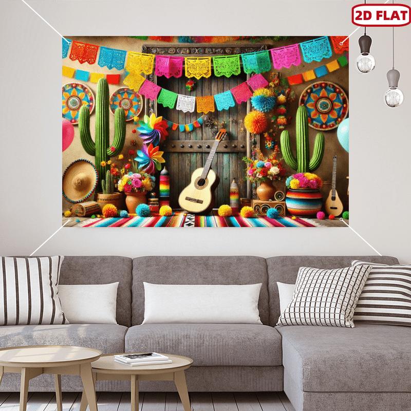 Plan 2D une pièce présentant un fond en tissu du carnaval mexicain chapeau à larges bords et décorations de fête piñata
