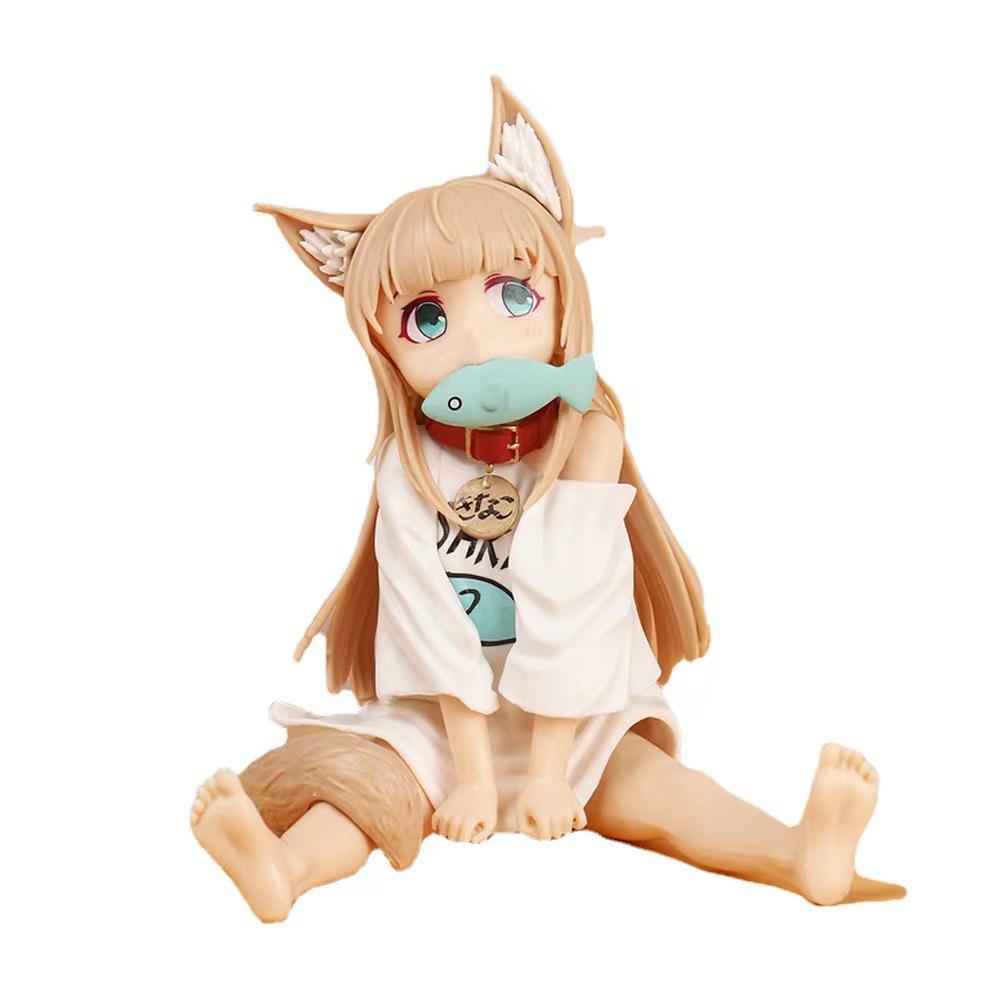 Soybean Catgirl Figurine: Cute Sitting Pose Eating Fish Ornament