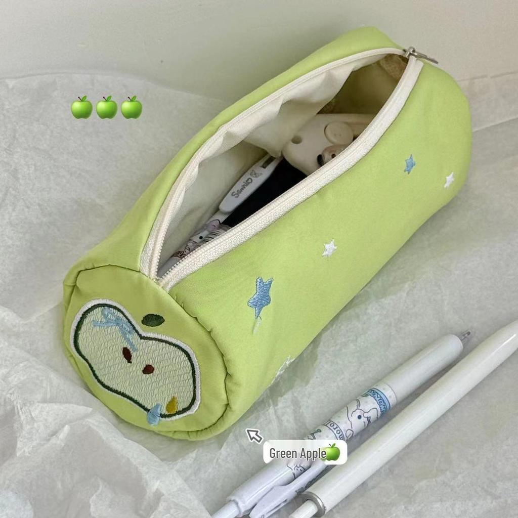 Green Apple Embroidered Pencil Case - Cute, Large Capacity Pencil Storage Bag