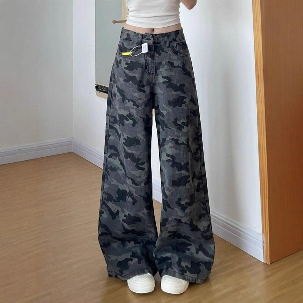 Fashionable Comfortable Plus Size Vintage Camouflage Work Jeans Female Autumn High Waist Loose Thin Wide Leg Trousers Jeans for Women Long Denim Pants