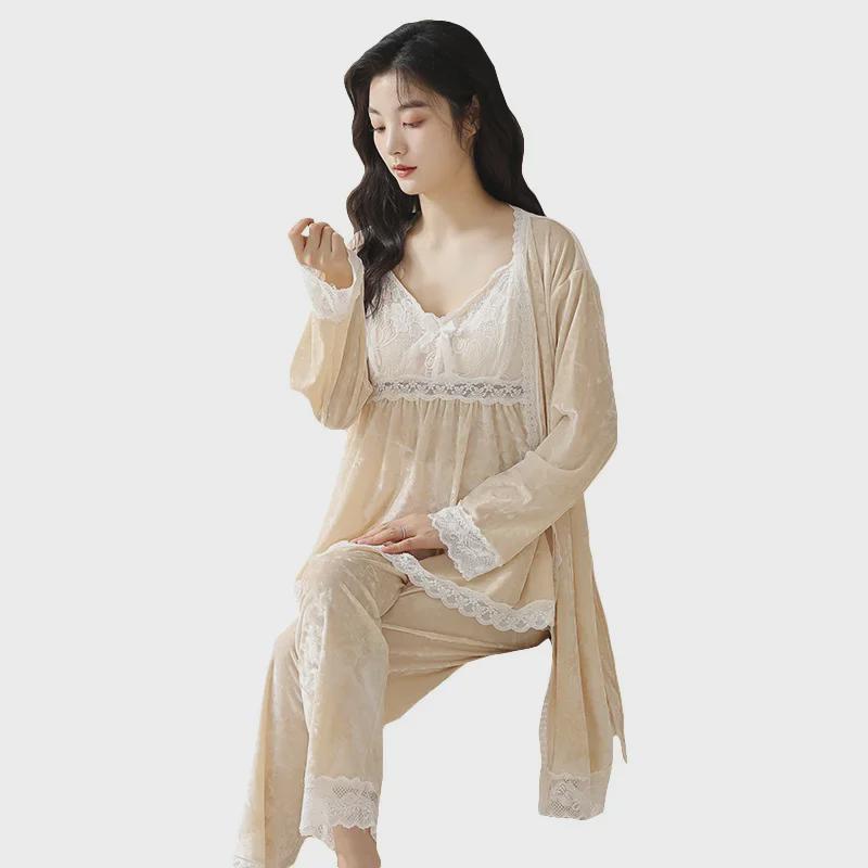 Dámská zlatá sametová pyžamová souprava - Výstřih do V, Dlouhý rukáv, Sexy krajka, Třídílný oblek na podzim/zimu.