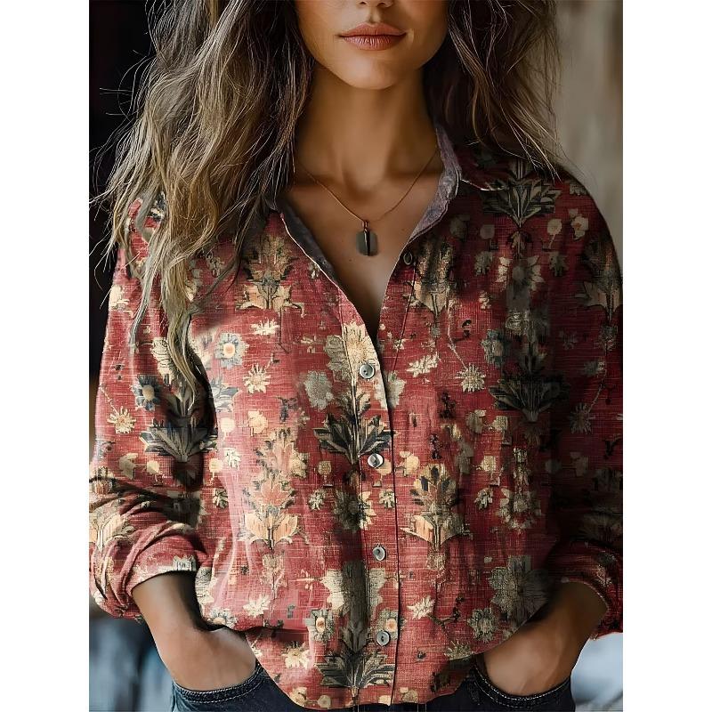 Women's Spring and Summer New Retro Printing Long-sleeved Casual Shirt Imitation Cotton and Linen Shirt