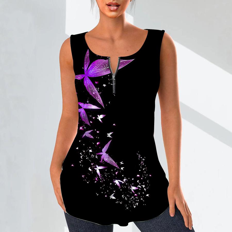 Women's Fashion V Neck Shirts Casual Tops T-shirt Ladies 3D Beautiful Butterfly Print Vest Plus Size Sleeveless Blouse Tank Tops