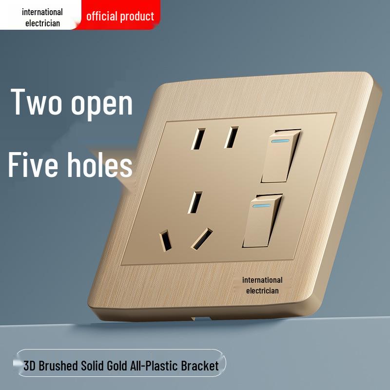 Gold 86 Typ Elektrische Nachttischlampe Wandschalterpanel mit Einzel-/Doppelsteuerung und Fünflochsteckdose