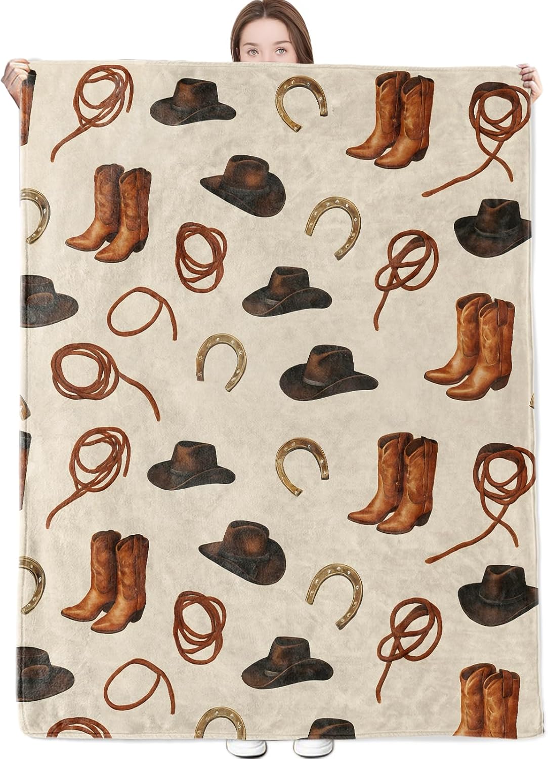 Textilien Unisex Coral Western Cowboy Blanket With Hat,Boot And Rope Throw Blankets Lightweight Flannel Throws For Camping Couch Chair Office Bed Rusti