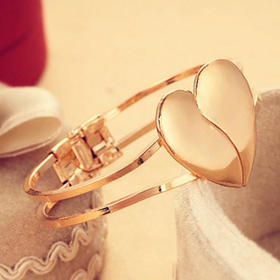 Fashion Women Gold Plated Cuff Bangle Couple Love Heart Charms Bracelet Jewelry