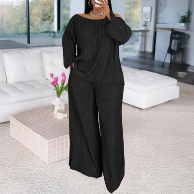 Conjunto de 2 Peças para Mulheres Top de Ombro Caído Manga Comprida Calças de Perna Larga Cintura Alta Conjunto Casual Plus Size para Sair Conjunto de Lounge