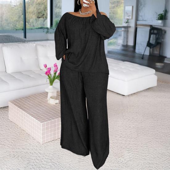 2 Piece Outfit for Women Off Shoulder Long Sleeve Top High Waisted Wide Leg Pants Set Casual Plus Size Going Out Lounge Set