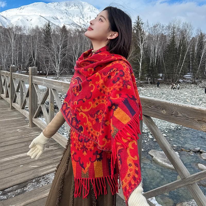 Womens Winter Oversized Shawl Wrap Scarf Boho Ethnic Print Faux Cashmere Warm Blanket With Tassels