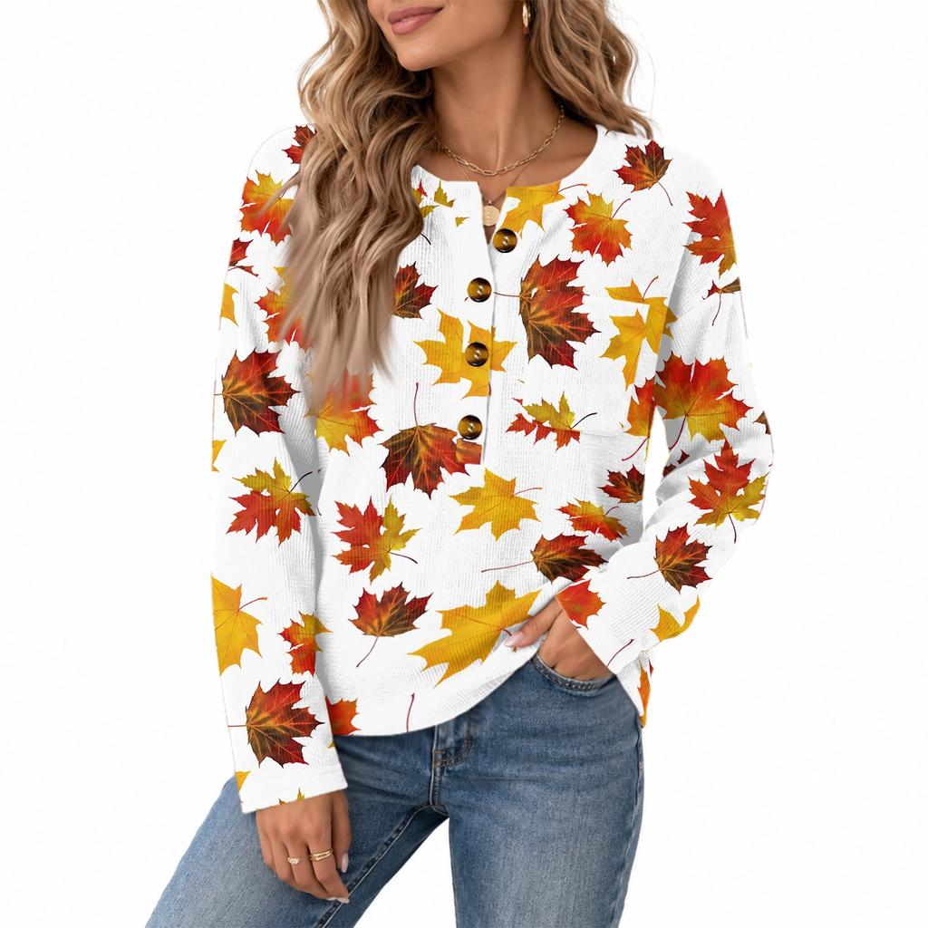 Women's Fashion Vintage Print Knit Long Sleeve Top with Button-Down Collar