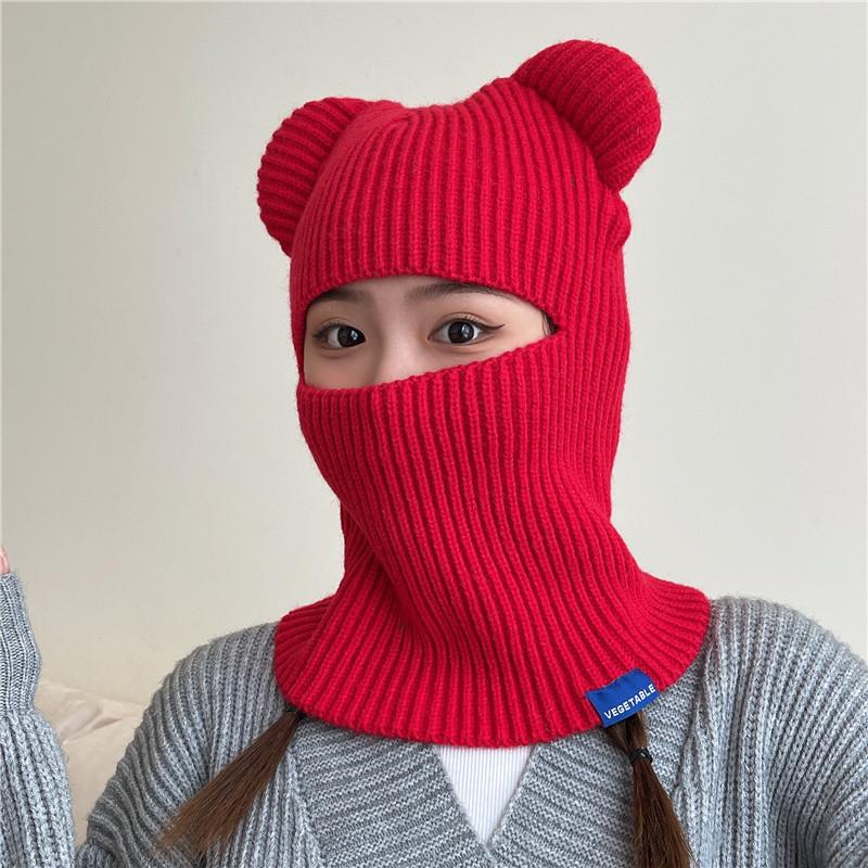 Cappello Pullover di Lana Autunno e Inverno Bambini Orecchie d'Orso Cappello Termico a Maglia Copricapo Antivento per Equitazione all'Aperto Sciarpa Integrata