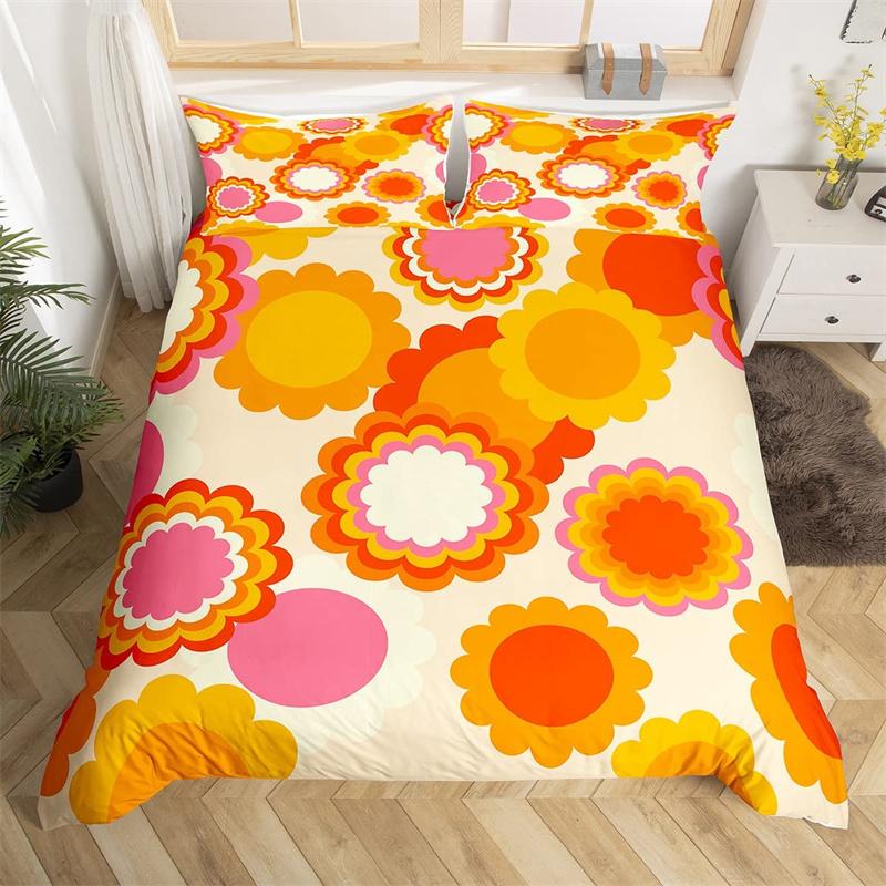 Retro Hippie Flower Duvet Cover Rainbow Floral Bedding Set Polyester Cartoon Ghost Comforter Cover Set 60S 70S Groovy Bedclothes