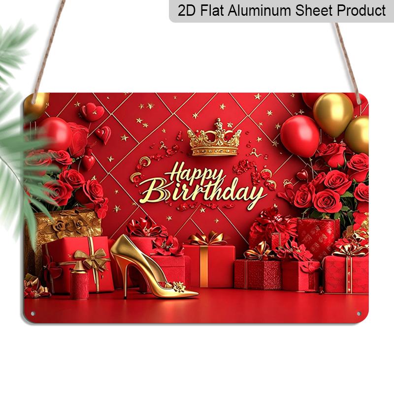 

2D Flat, 1pc Happy Birthday Red & Gold Aluminium Plaque Sign 12x8 Inch - Luxury Red Roses & Gold Heel Design, Elegant Birthday Metal Wall Decor for 20*30cm