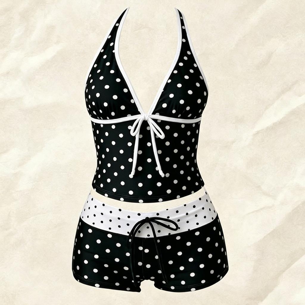 Women Polka Dot Bikini Set Two Piece Swimwear Halter Neck Top and High Waist Shorts Beach Bathing Suit