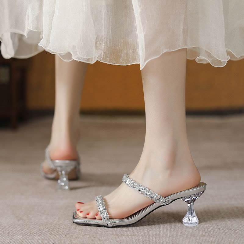 Transparent Slim Heel Liangtuo Women's Square Toe Open Toe Crystal One Strap Anti-slip Wear-resistant High Heels