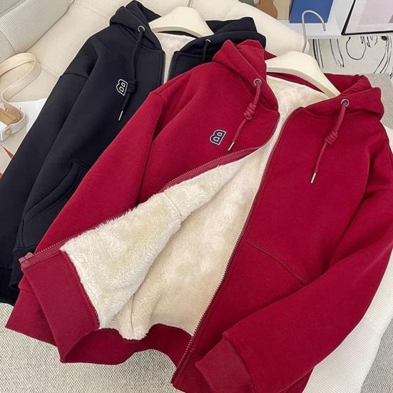Women's Autumn and Winter Thick Fleece Hooded Warm Hoodie Long Sleeved Solid Color Loose Zipper Jacket