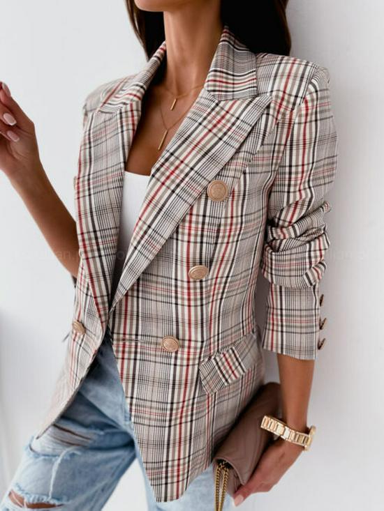 Autumn/Winter Plaid Double-Breasted Long Sleeve Suit Jacket