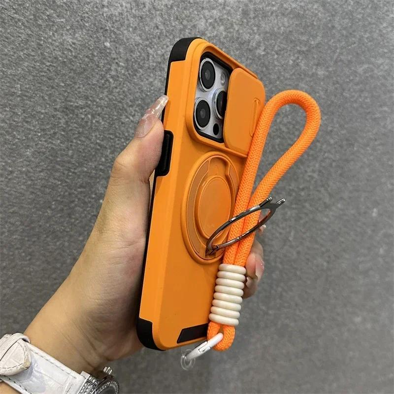Armor Magnetic Ring Stand Holder Slide Window with Wrist Strap Phone Case for iPhone 16 15 13 12 11 14 Pro Max Plus Bumper Cover