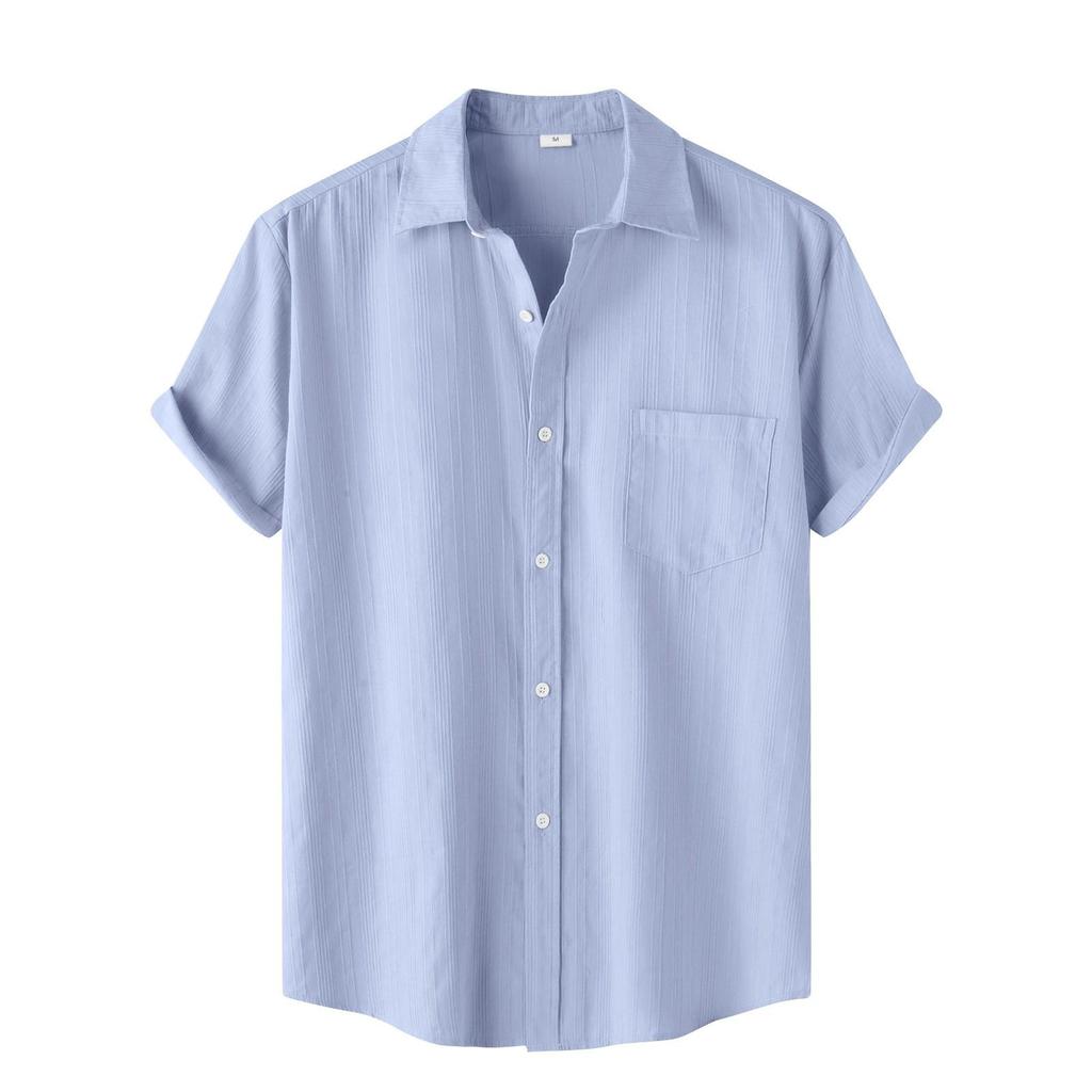 Camicia da uomo casual a maniche corte con taschino singolo, a righe e tinta unita, monopetto con revers