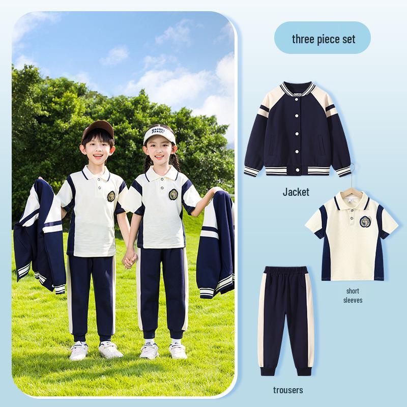 Spring-Autumn Academy-Style Navy Blue Kindergarten & Primary School Baseball Jacket Set