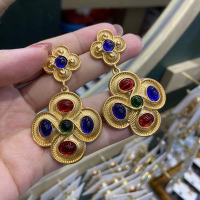 Western Antique Replica Copper Plated Real Gold Thread Engraving Colored Glazed Four-Leaf Clover Earrings Long Pendant Shoulder Studs
