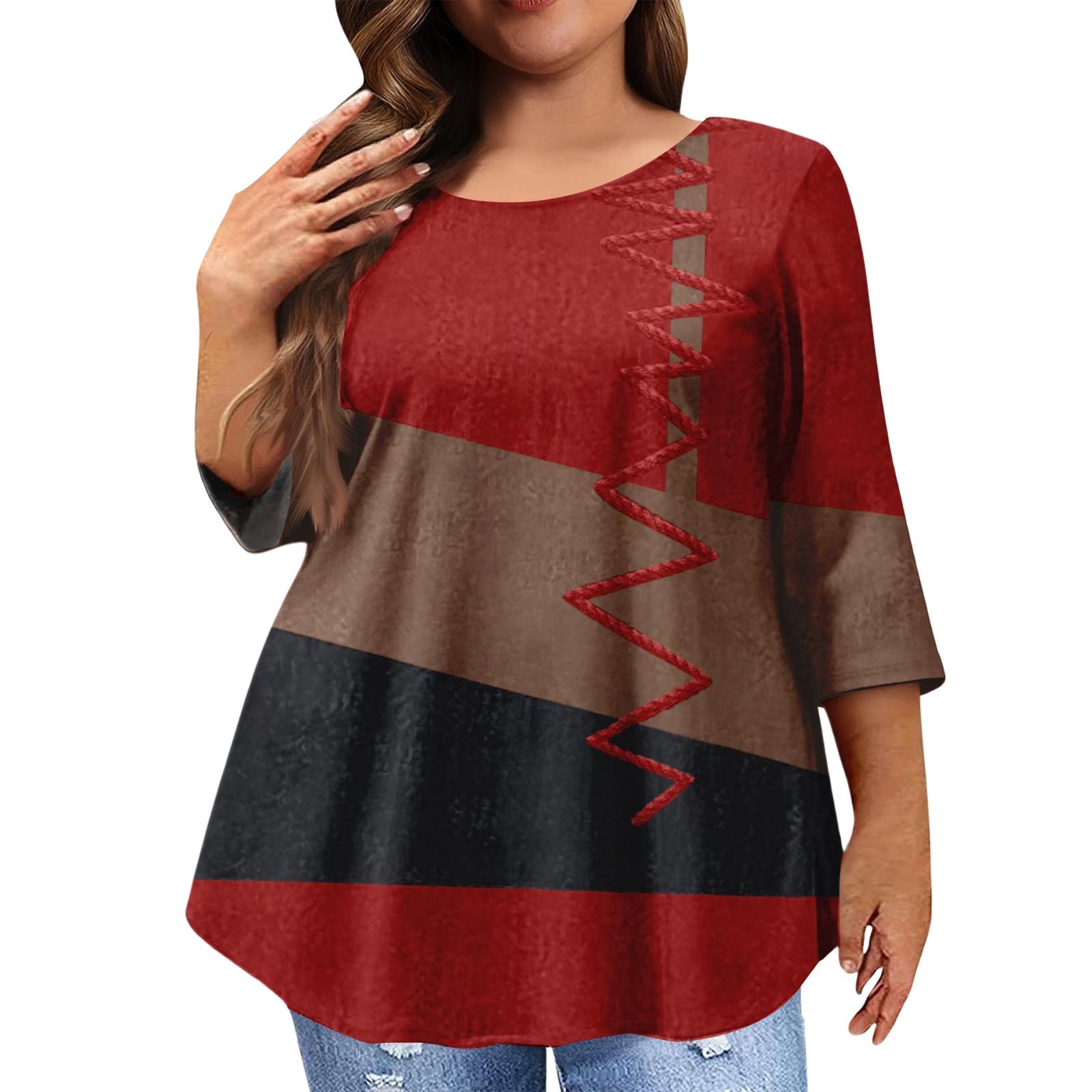 

Жіночий модний повсякденний топ вільного крою з круглим вирізом та рукавом 3/4 XXXXL винний