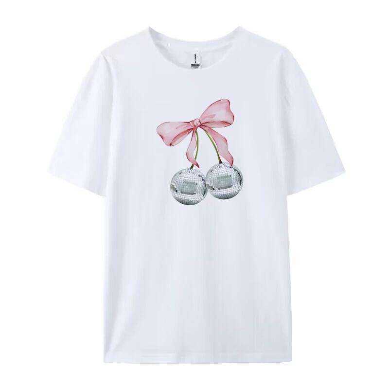 Trendy Coquette Cherry Disco Ball Bow TShirts Kawaii Y2k Aesthetic Graphic Tees Cute Vintage Mirror Ball T Shirt Women Clothing S