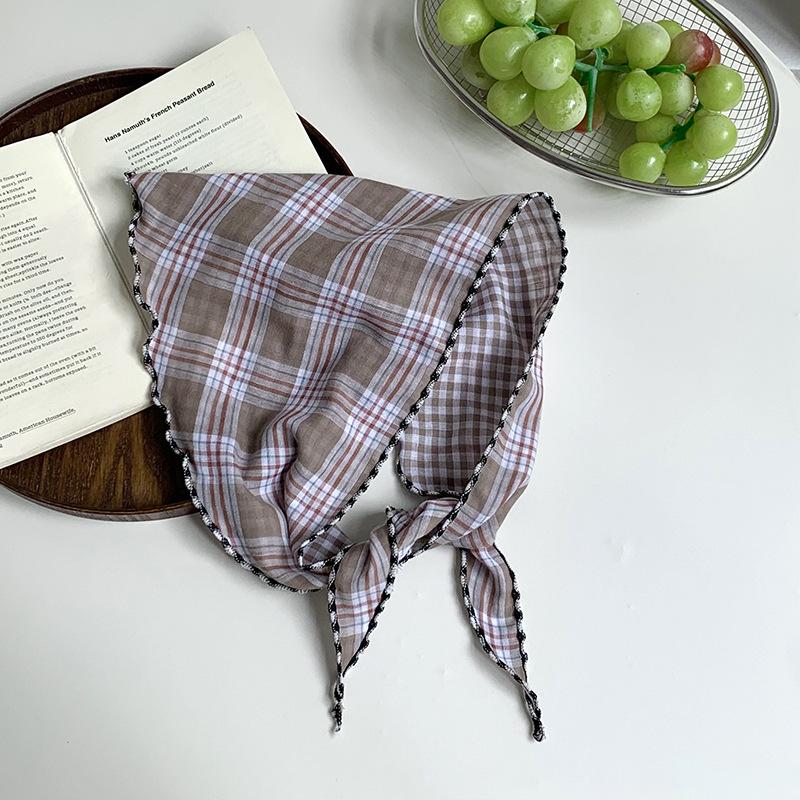 Headscarf women's idyllic summer new clear plaid triangle scarf scarf women's knitted headband silk scarf