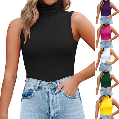 Women's Coloured High Neck Sleeveless Slim Fit Bottom Tank Top